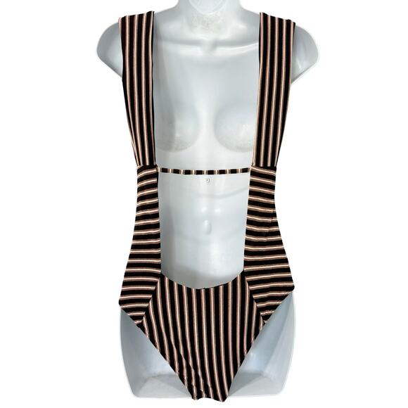 L Space Black Rose Gold White Striped Deep V Neck One Piece Swimsuit size 4 - Picture 7 of 11